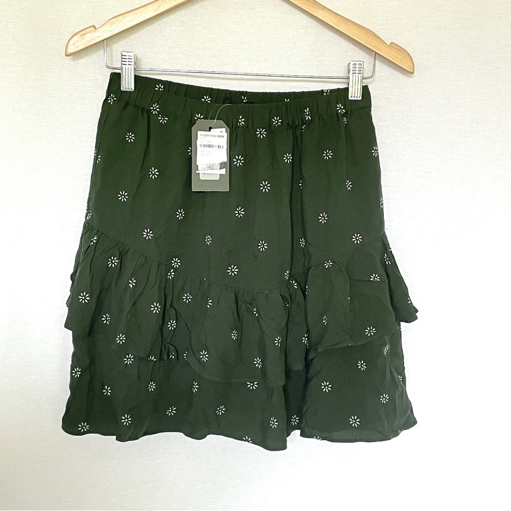Madewell Dark Green Tiered Ruffle Mini Skirt White Daisy Flowers XS NWT